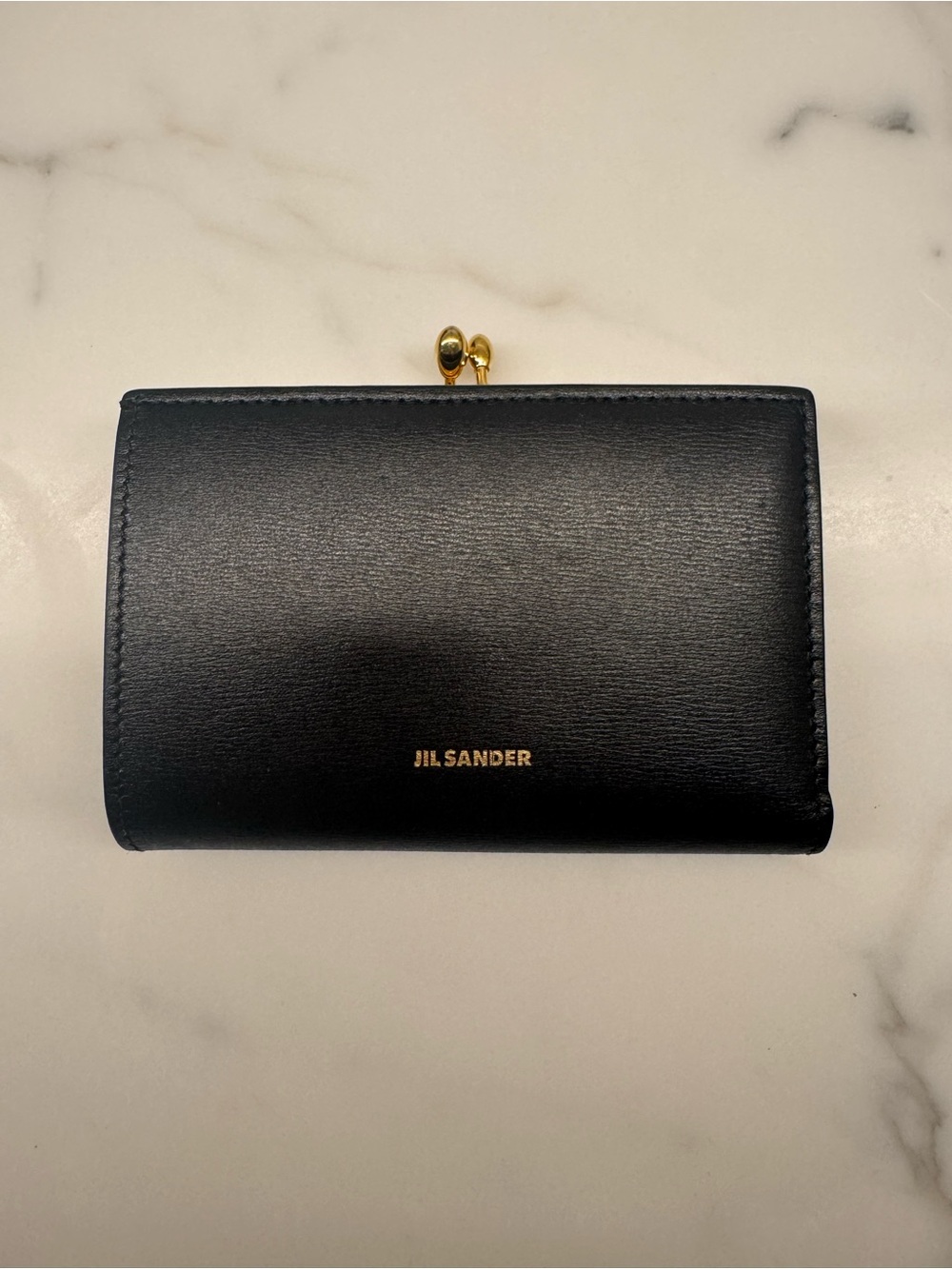 Jil Sander Black Leather Kiss-Lock Wallet | Gold Hardware